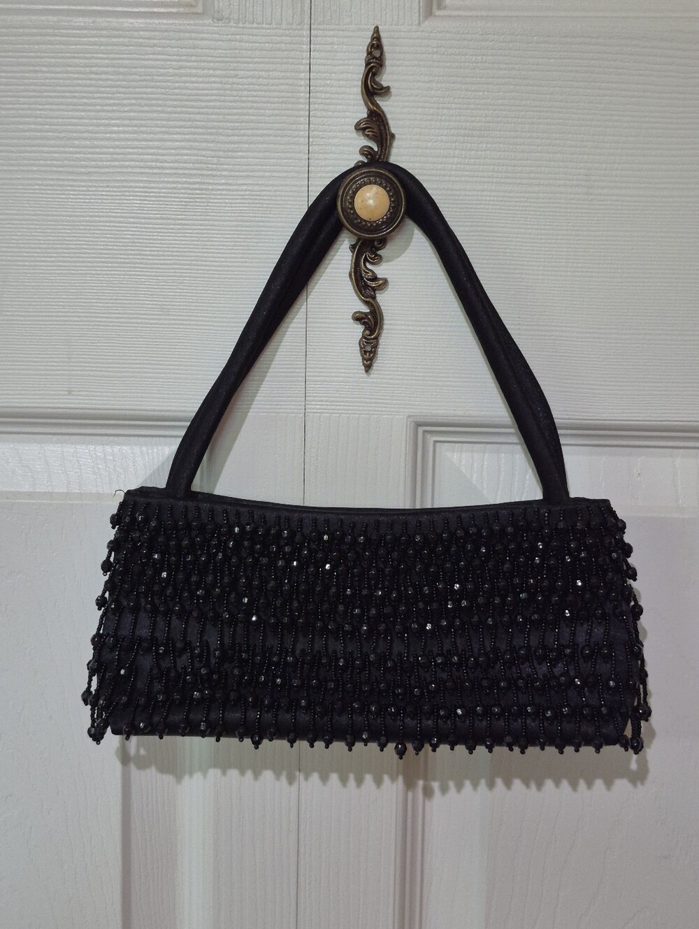 Black beaded satin evening purse